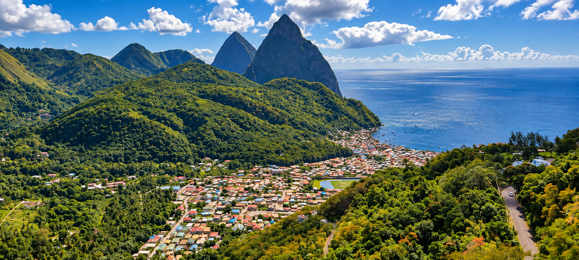 Green Caribbean mountain peaks overlooking a coastal town and the blue sea