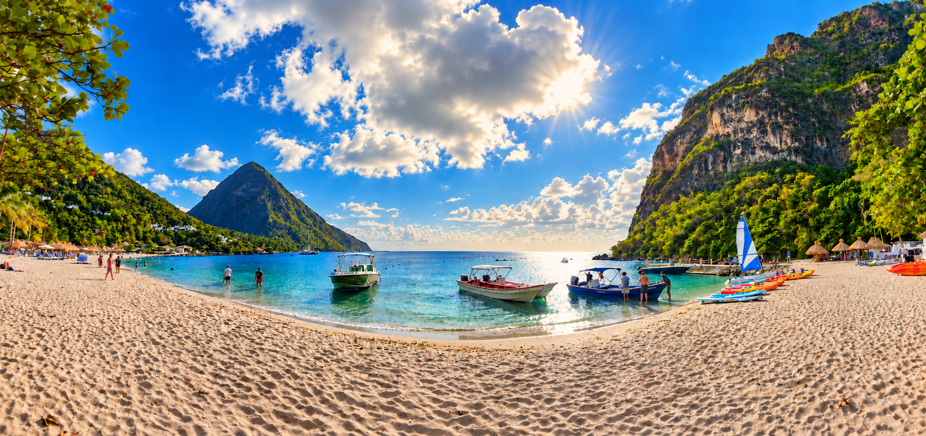 A sunlit tropical cove with turquoise water, sandy beach, boats, and green mountains